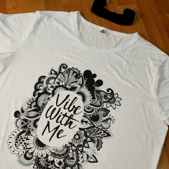 Women's size large t shirt "Vibe with me"logo t white top - Picture 2 of 5